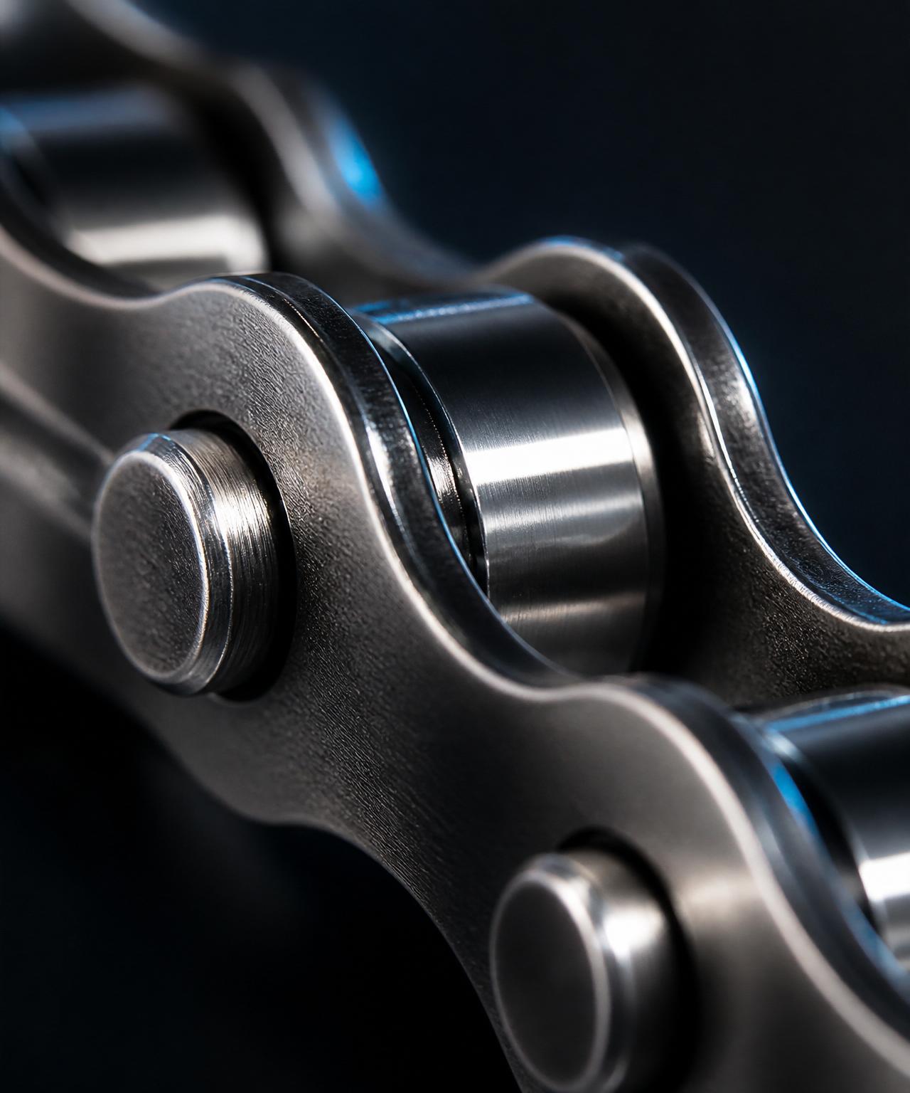 Macro view of a high-precision hardened industrial roller chain